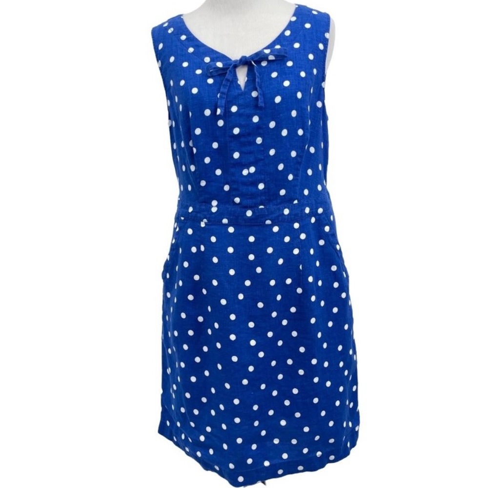 Boden Size 4 Blue White Polka Dot 100% Linen Dress with Pockets Sleeveless Women